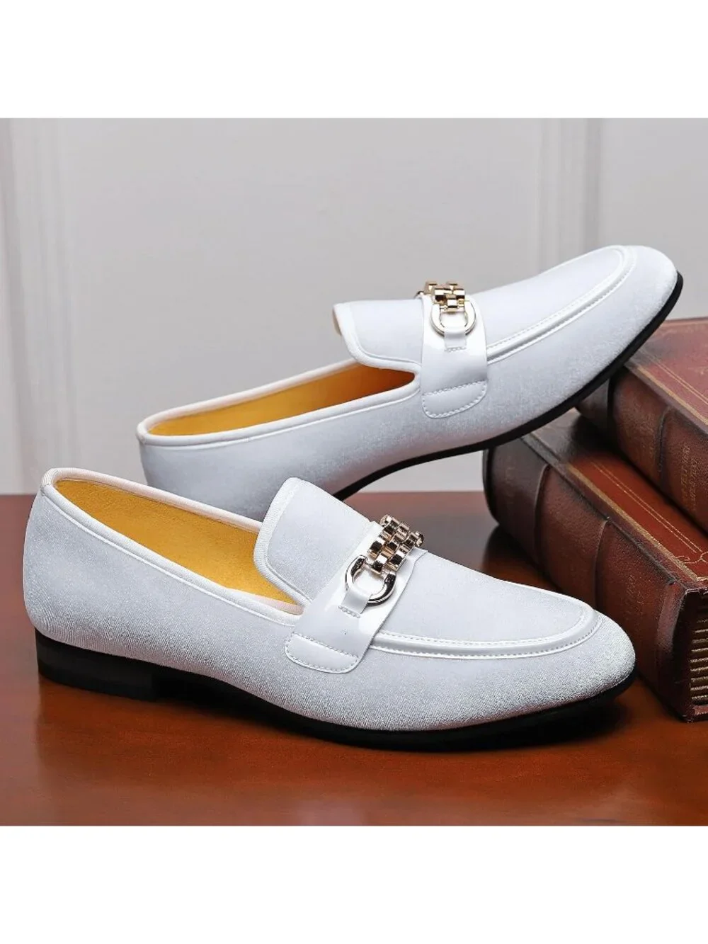 Men's White Velvet Gold Horse Bit Classic Loafer Slip On Casual Dress Shoes